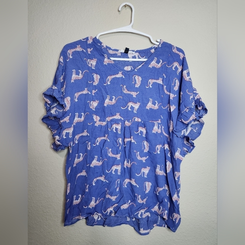 Blue Patterned Short Sleeve Blouse Top Size Medium